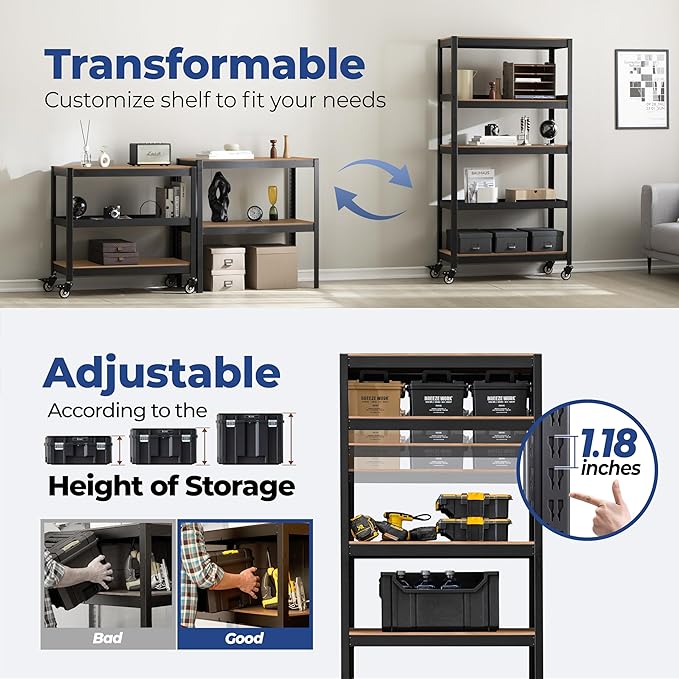 HOMEDANT House 5-Tier Metal Rolling Cart Shelf Rack Casters Heavy Duty Laminated Wheel Shelving Unit Adjustable Utility Storage Shelves Organizer Shelf Kitchen Garage (4, (M) 36.2" W, Black)