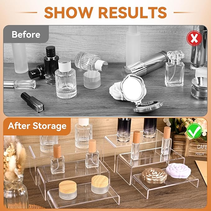 6 Pcs 2 Sets Acrylic Display Riser, 3 Sizes Large Acrylic Risers Display Stands, 0.15" Thick Clear Shelf Riser, Clear Display Risers for Dessert, Candy, Toys, Perfume, High Heels, Wallet