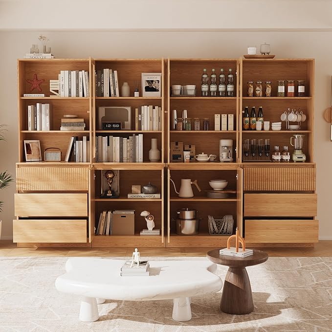 TUSY 71'' Freestanding Tall Storage Cabinet, 5 Tier Wood Bookcase with 3 Drawers and 2 Tempered Glass Doors, Large Floor Cabinet, Combination Storage Shelves for Living Room, Home Office (DCCD)