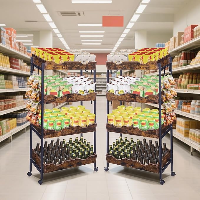 Snack Rack with Wheels,4-Tier Retail Display Shelves with 8 Metal Hooks,Tilted Design,Mobile Retail Display Stand with Metal Frame,Easy Assembly