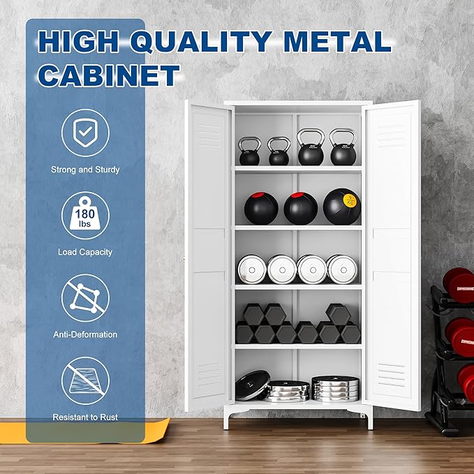 Metal Storage Cabinet-61” Tall Steel File Cabinets with Doors and 4 Adjustable Shelves-White Steel Storage Cabinet for Home,Kitchen, School, Office, Garage
