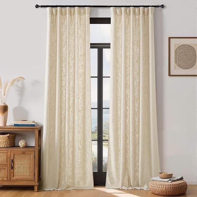NICETOWN Natural Thick Linen Curtains 96 Inches Long for Living Room 2 Panels Set, Back Tab/Rod Pocket with Pleat Tape Privacy Added Window Treatments for Farmhouse/Bedroom, W55 x L96