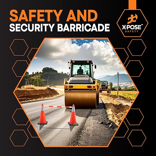 Retractable Barrier for Safety Traffic Cones - 2" OD - Large Yellow and Black Bar Barricade - for Road Construction, Parking, Warning, Temporary Security Divider (40, Orange & White, 53" x 84")