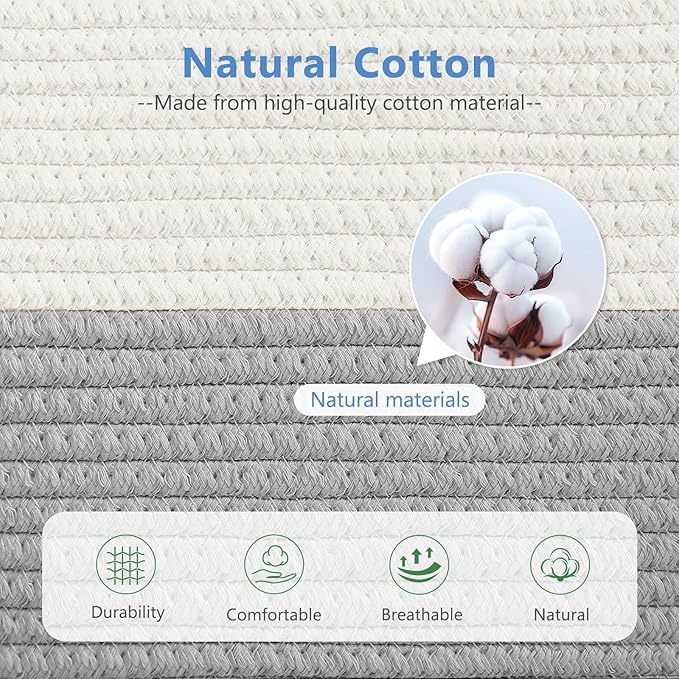Cotton Rope Storage Baskets,15x10x9 in,Foldable Storage Bins, Decorative Woven Basket Cube Storage Organizer for Laundry, Towel, Clothes (White/Grey-3Pack, 15x10x9 inches)