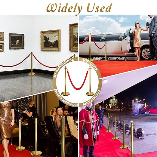 4PCS Top Crown Decoration Gold Stanchions Posts with 3PCS 5 ft Red Velvet Rope, Red Velvet Rope Stanchion Set Crowd Control Barriers, Stanchions and Velvet Ropes Red Carpet Poles for Party Supplies