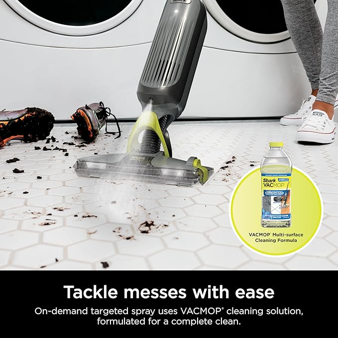 Shark VACMOP Cordless Hard Floor Cleaner, Vacuum and Spray Mop, Powerful Suction, Lightweight, LED Headlights, Includes 4 Disposable Pads, 12oz Multi-surface Cleaning Solution, Gray, VM252