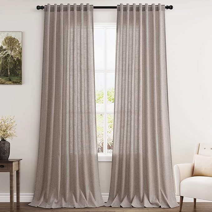 Extra Long Curtain 108 Inches Long 2 Panels Set Back Tab Brownish Grey Linen Drapes for Living Room Neutral Farmhouse Light Filtering Semi Sheer Linen Curtains 108 Inch Length for Large Window 9 FT