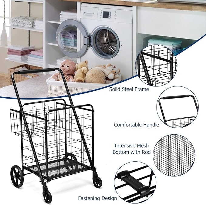Goplus Folding Shopping Cart, Jumbo Double Basket Utility Grocery Cart 330lbs Capacity with 360° Rolling Swivel Wheels, Portable Heavy Duty Cart for Laundry Shopping Grocery