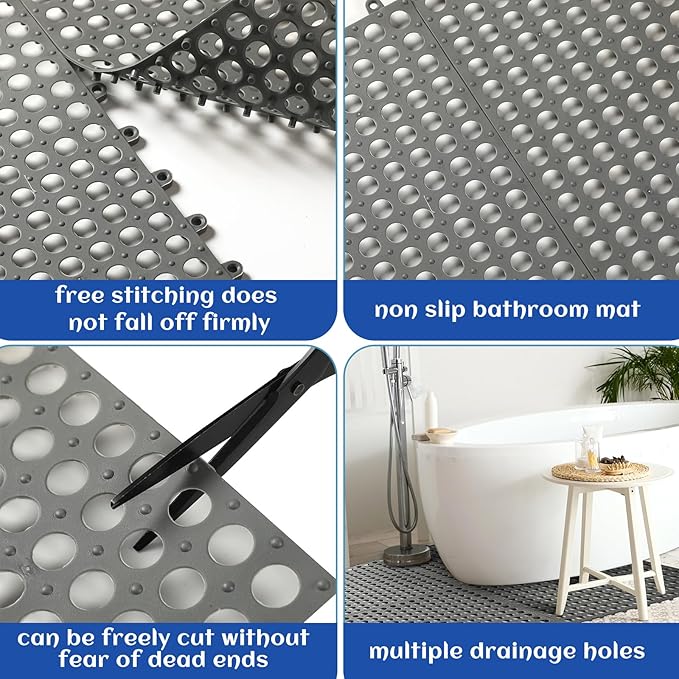 Tinideya 24 Modular Interlocking Floor Mat Rubber Tiles 12"x12" Drainage Interlocking Tiles Drain Holes Non-Slip Drainage Mats for Pool, Kitchen, Shower, Patio Pet Areas (Gray) (Round)