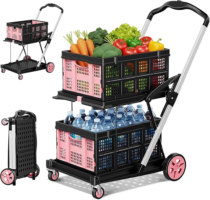 Collapsible Shopping Cart with Wheels, 8-in-1 200LBS Capacity Grocery Cart on Wheels with 2 Storage Crate, Folding Utility Cart for Shopping, Travel, Supermarket, Office, Pink