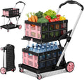 Collapsible Shopping Cart with Wheels, 8-in-1 200LBS Capacity Grocery Cart on Wheels with 2 Storage Crate, Folding Utility Cart for Shopping, Travel, Supermarket, Office, Pink