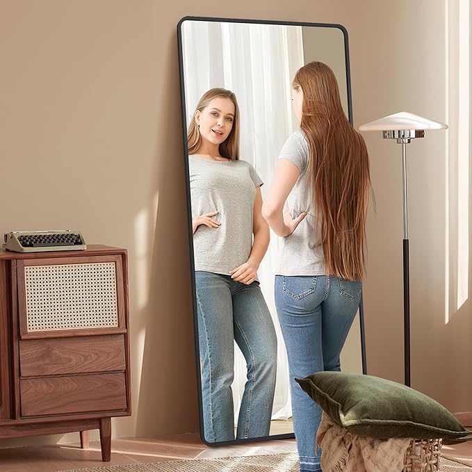 Full Length Mirror with Stand, 71"x31" Floor Mirror, Aluminum Alloy Black Thin Frame, Freestanding/Leaning/Wall Mount for Bedroom, Living Room & Entryway (Black)