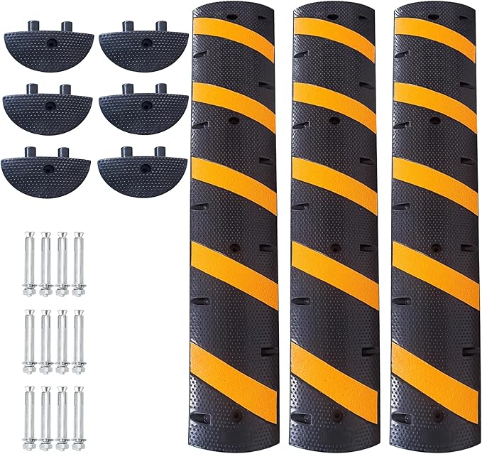 3 Pack 6FT Speed Bumps for Road, Heavy Duty 25,000 Lbs Capacity Traffic Rubber Speed Humps with 2 Channel Floor Cord Cover for Asphalt Concrete Gravel Cable Protector Ramp