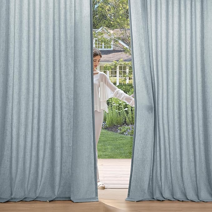 MIULEE Non-See-Through Privacy Linen Curtains 2 Panels, Light Filtering Window Curtains Farnhouse Textured Back Tab Semi Sheer Drapes for Bedroom Living Room, 52 x 63 Inches Long, Stone Blue