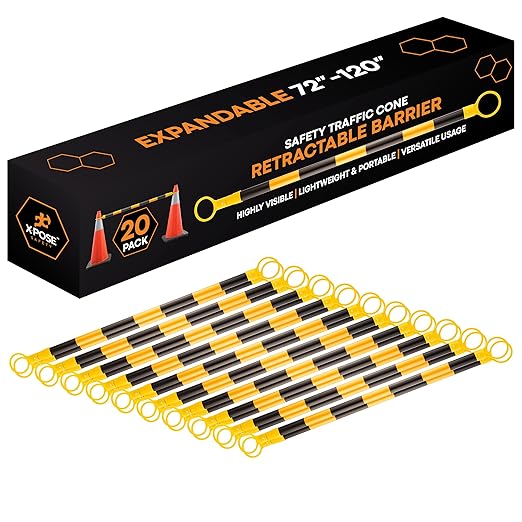 Retractable Barrier for Safety Traffic Cones - 2" OD - Large Yellow and Black Bar Barricade - for Road Construction, Parking, Warning, Temporary Security Divider (20, Yellow & Black, 72" x 120")