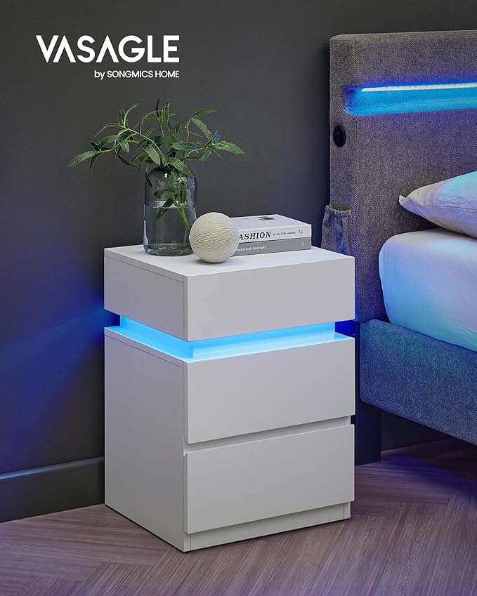 VASAGLE Nightstands with LED Lights, Set of 2, Adjustable Light Colors, Bedside Tables, Side Tables with 3 Drawers, Modern Style, 13.8 x 15.7 x 21.7 Inches, Cloud White ULET799T12