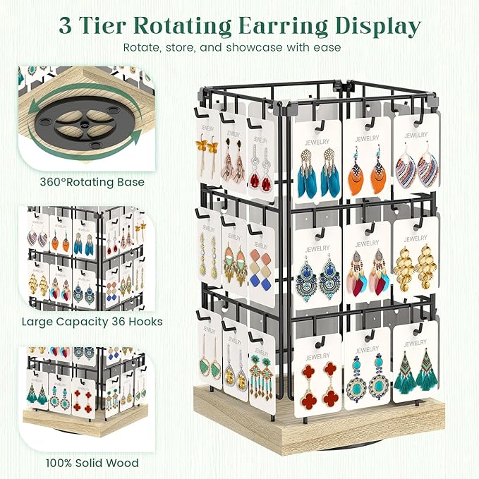 EsLuker.ly Rotating Earring Display Holder Stand for Vendors Events Selling, Large Capacity 36 Hooks Jewelry Rack with Wooden Base for Earring Card Sales, Enhances Retail Visibility(Oak Color)