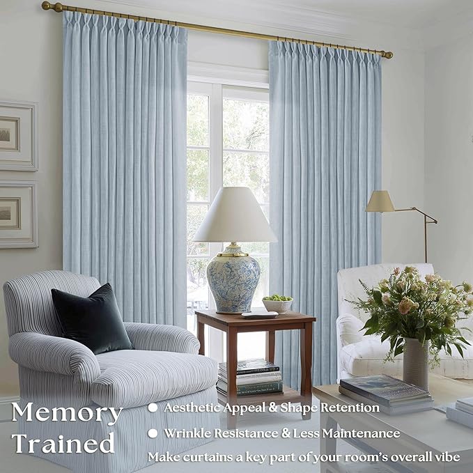 Dusty Blue Pleated Linen Curtains 96 Inches Long for Living Room 2 Panel Set Semi Sheer Light Filtering Pinch Pleat with Rings Hooks Drapes Boho Farmhouse Light Blue Grey Curtain Bedroom Window