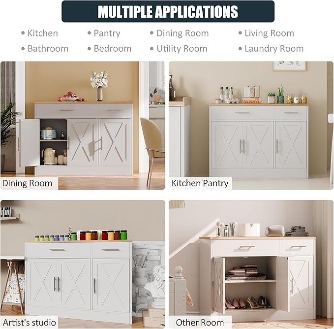 SUNLEI Sideboard Buffet with Storage, Farmhouse Kitchen Cabinet with 3 Doors and 2 Drawers, Coffee Bar Cabinet with Storage for Living Room, White