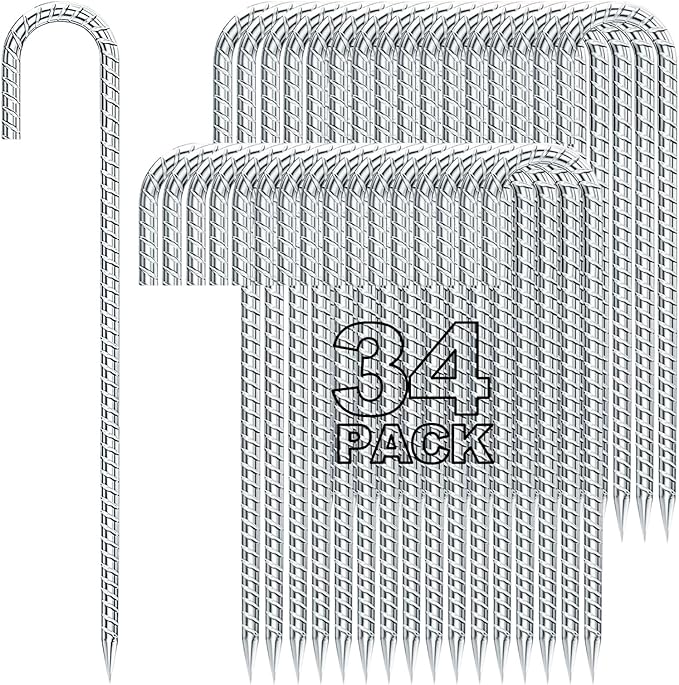 12 inches Tent Stakes Heavy Duty 34-Pack, 5/16" Diameter J Hook Fence Stakes Rebar Ground Stake for Inflatables, Tarp, Yard Lawn Outdoor Decoration