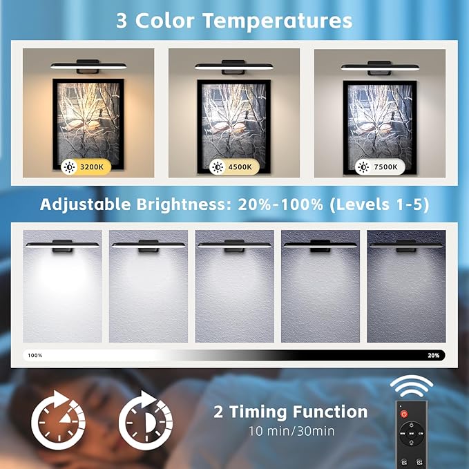 2 Pack Picture Lights for Wall, Rechargeable LED Picture Light Battery Operated with Remote, Dimmable Poster Light for Paintings, Portraits, Art Frames, Display Lighting for Wall Decor,Black