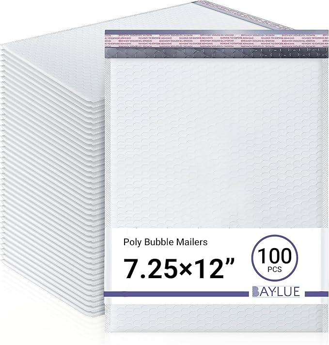 White 7.25x12 Inch Poly Bubble Mailers #1 | Self Seal Padded Envelopes | Air Cushioned Bubble Mailer | Usable Size 7.25x11 Inch | 100 Pack Bulk | Waterproof | Lightweight Mailing Shipping Bags
