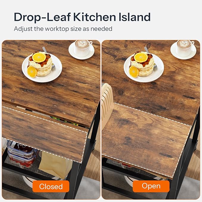 HOOBRO Kitchen Island with Power Outlet, Rolling Kitchen Cart with Drop Leaf, Island Table with Extendable Worktop and Adjustable Shelf, Kitchen Island Cart for Dining Room, Rustic Brown BF22UZD01