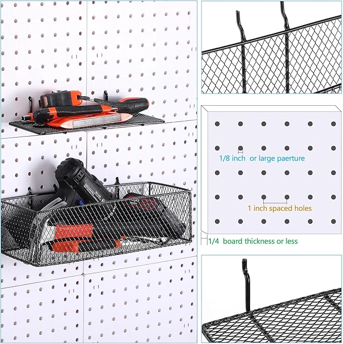 Hicarer 8 Pack Pegboard Baskets and Peg Board Racks Set, Pegboard Hooks, Square Style Wire Shelf Baskets, for Organize Tools, Workbench, Accessories, Garage Storage, Wall Organizer Attachments (Black)