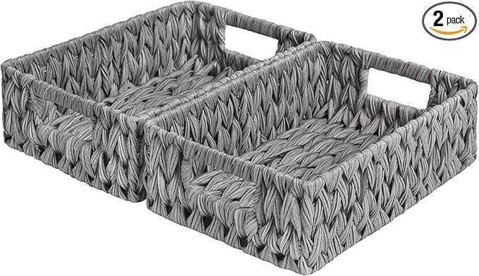 GRANNY SAYS Wicker Baskets for Storage, Waterproof Rattan Storage Baskets, Odorless Wicker Basket with Handles, Decorative Storage Containers, Gray Basket for Pantry Storage, 2-Pack