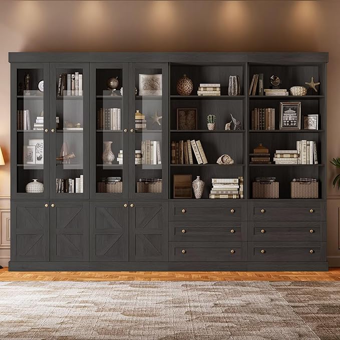 Vyre 71" Tall Farmhouse Bookshelves with Glass Doors and Drawers, Large Modular Bookcase with Adjustable Shelves, Wooden Storage Cabinet for Living Room, Kitchen, Black, Set of 4