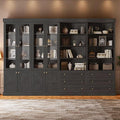 Vyre 71" Tall Farmhouse Bookshelves with Glass Doors and Drawers, Large Modular Bookcase with Adjustable Shelves, Wooden Storage Cabinet for Living Room, Kitchen, Black, Set of 4
