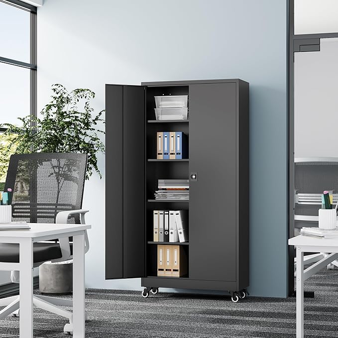 Metal Rolling Storage Cabinet-74.6” Tall Steel File Cabinets with Wheels Lockable Doors and Adjustable Shelves-Black Steel Storage Cabinet for Home, School, Office, Garage