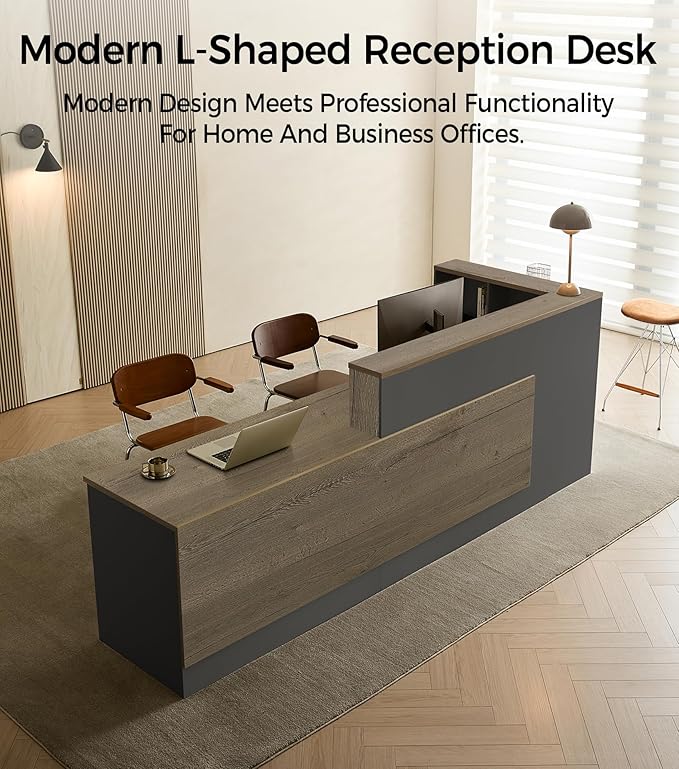 Modern L-Shaped Reception Desk with Counter - 63 inch Front Desk Reception Counter with Open Shelves, Lockable Drawer & Keyboard Tray for Office, Lobby, Checkout (Tobacco Wood + Iron Gray - Left)