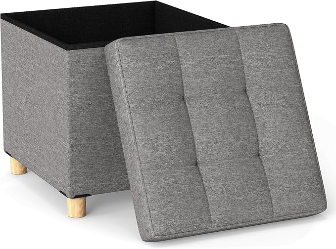 GOFLAME 18 Inches Storage Ottoman, Linen Fabric Cube Footstool with Rubber Wood Legs, Side Table with Flip Top Tray, Square Foot Rest Stool, Shoe Changing Stool for Living Room, Bedroom, Entryway