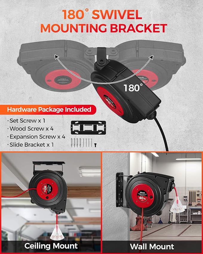 Retractable Extension Cord Reel, 40 FT Heavy Duty Power Cord, 12AWG/3C SJTOW, 3 Grounded Outlets Lighted Triple Tap, 15 Amp Circuit Breaker, UL Listed, Red R40CR06