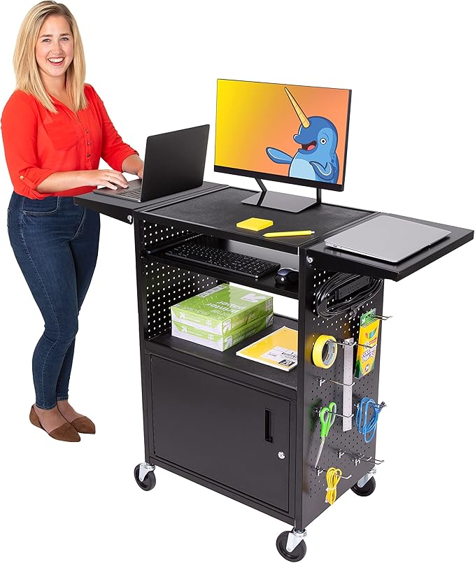 Line Leader Stellar AV Cart - Computer Cart with Customizable Pegboard & Hooks, Locking Cabinet and Tray, UL Certified Power, Mobile Workstation with Locking Wheels, Ideal for Laptop & Charger Storage
