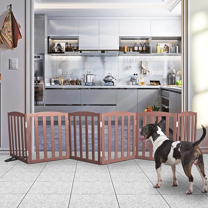 Freestanding Dog Gate Indoor,Doggie Gate Foldable Pet Gates for Doorways,Stairs or Hallways, Wooden Brown Pet Gate for The House, Pet Fence with Support Feet Included,24 "Height-6 Panels