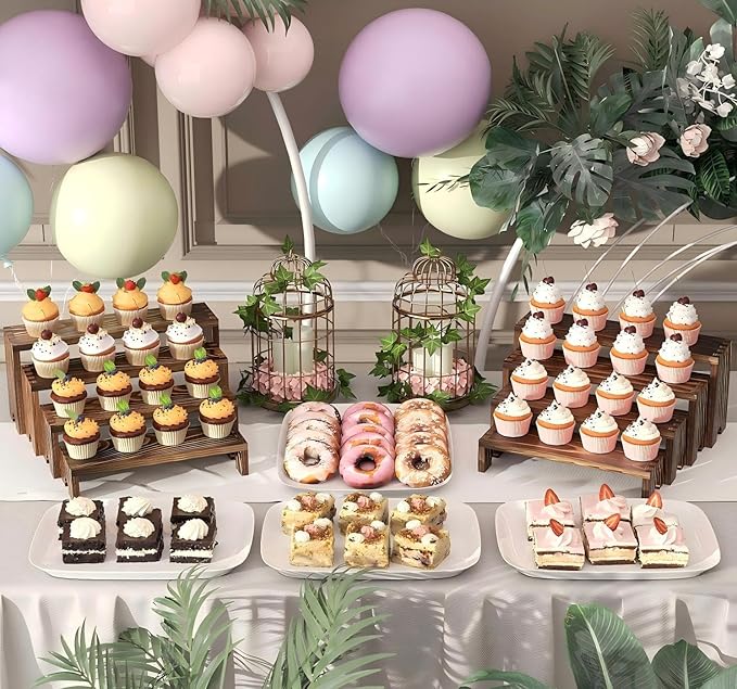 2 Set Large Wooden Tiered Riser Display Stands for Vendor Events,Stackable Wooden Cupcake Display Stand,Farmhouse Decor Wood Dessert Table Display Set,Vendor Booth Display Items,Food Display Risers for Party（12-11.2-10.4-9.6IN）