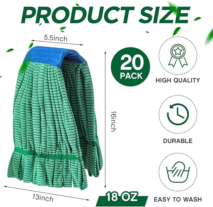 Hushee 40 Pack Large Microfiber Tube Mop Heads 18 oz Heavy Duty Commercial Industrial Wet Mop Head Refill Reusable Machine Washable Looped End Mopheads for Hardwood, Tile, Laminate Floors (Green)