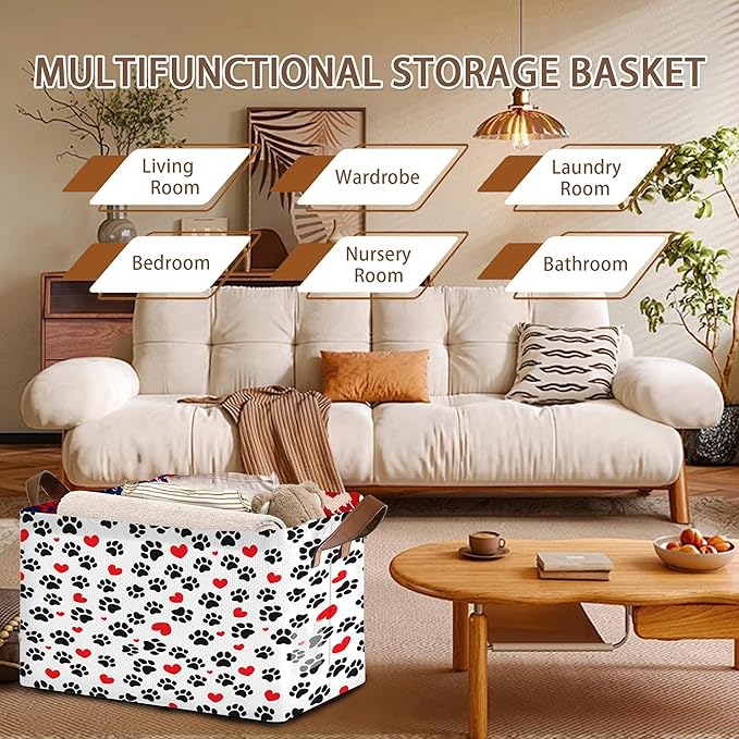 Paw Print Storage Basket Large 17x11.5x10.5 Inche-Collapsible Fabric Organizer Bin with Handles for Pet Lovers, Nursery, Bedroom-Foldable Decorative Hamper with Heart & Paw Design-Single Pack
