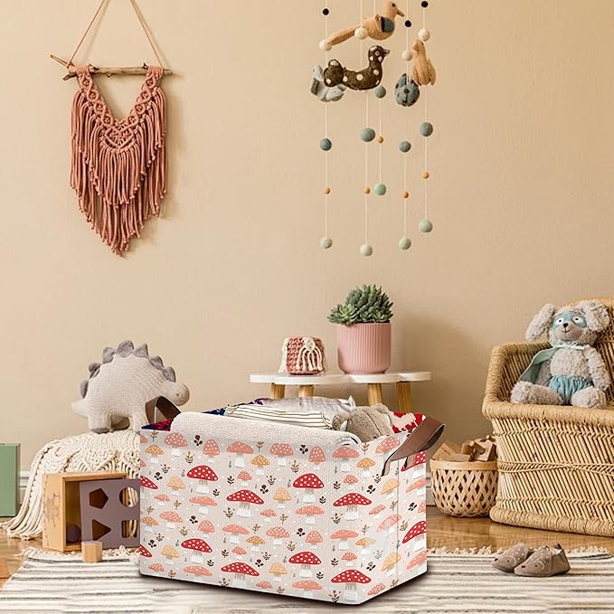 Red Mushroom Storage Basket Large 17x11.5x10.5 Inches - Collapsible Fabric Organizer Bin with Handles for Kids Room, Nursery, Toys - Foldable Decorative Hamper with Cute Mushroom Design - Single Pack