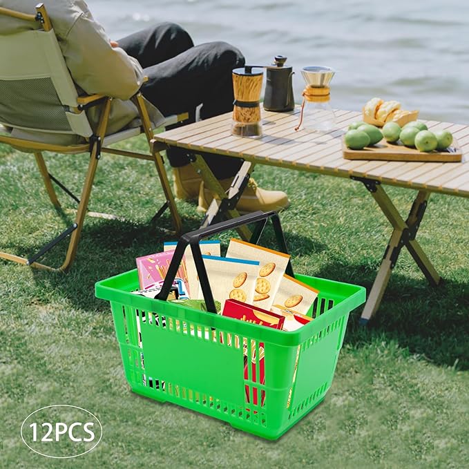 12PCS Green Plastic Shopping Baskets with Handles, Portable Retail Baskets Grocery Basket with Handles,18L Hand Shopping Basket Set for Stores, Supermarket, Retail, Groceries Carrying