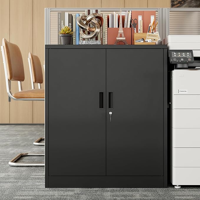 BESFUR Metal Storage Cabinet 36" H, Garage Storage Cabinet with 2 Lockable Doors and 2 Adjustable Shelves, Garage Cabinet for Home Office, Garage,School, Warehouse, Utility Room,White