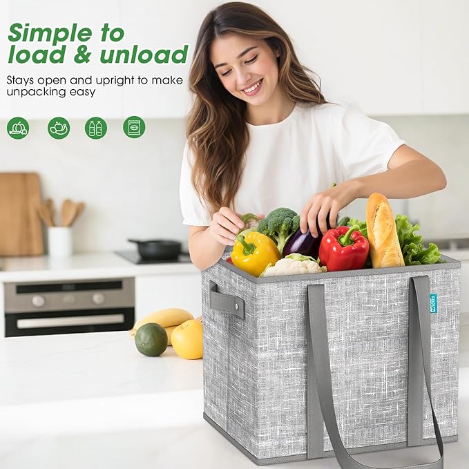Fab totes Reusable Grocery Bags, Large Foldable Shopping Tote Bags with Reinforced Handles & Hard Bottom,Water Resistant Grocery Bags for kitchen,Picnic,2 Pack, Grey