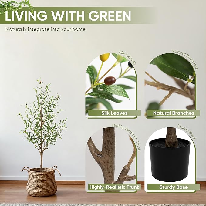 2 Pack Artificial Olive Tree 4FT, Tall Faux Olive Trees for Indoor Outdoor, Realistic Potted Plant Natural Wood Trunk, Leaves and Fruits for Home Office Decor (2, 4 FT)