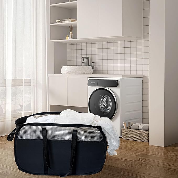 Pop-Up Laundry Basket，collapsible Mesh Laundry Hamper– With Extended Shoulder Straps, Sturdy Handles, and Premium Cationic Fabric (black)…