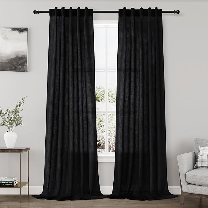 Black Linen Curtains 96 inches Long for Bedroom Back Tab Light Filtering Privacy Sheer Curtains 2 Panel Set Farmhouse Coastal Decor Cotton Textured Gauze Curtain 38x96 for Door Window Living Room