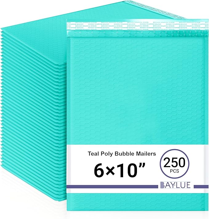 Teal Small Poly Bubble Mailers 6x10 inch #0 | Self Seal Padded Envelopes | Cushioned Bubble Mailer | Usable Size 6x9 | WaterProof | Lightweight mailing Shipping Bags | 250 Pack Bulk