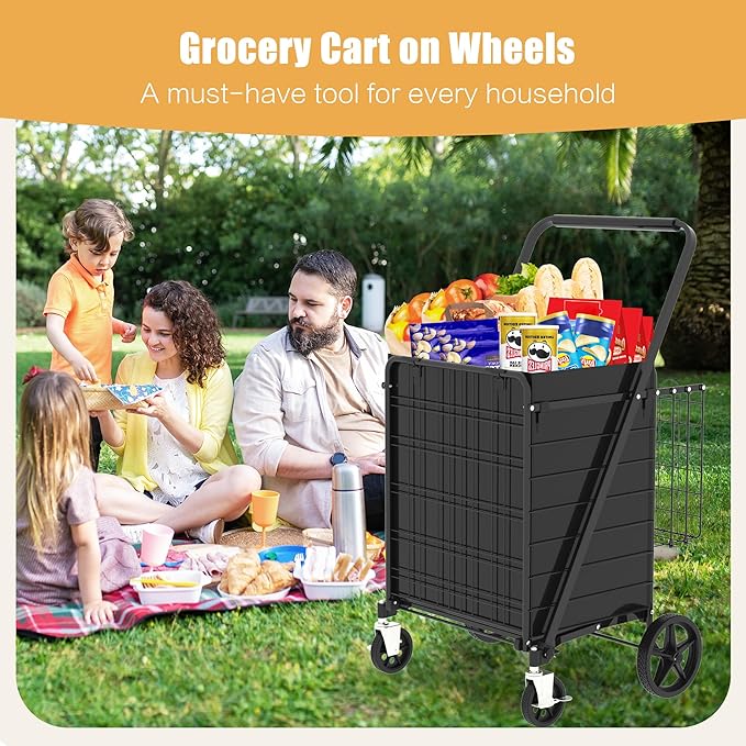CHARMMA Large Shopping Cart with Brake,Grocery Cart on Wheels, Foldable Utility Shopping Carts with Double Basket and 360° Rolling Swivel Wheels for Groceries Laundry