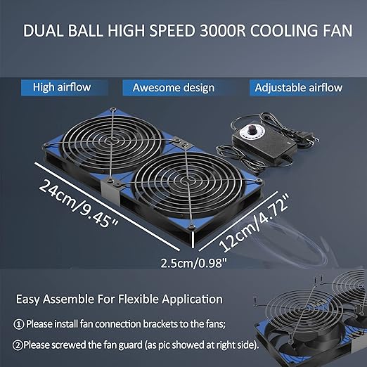240mm Adjustable Computer PC Vent Fan 3-12V Speed Controller for Chicken Coop Rack Space Window Wall Cabinet Server Mining Rig Exhaust Cooling